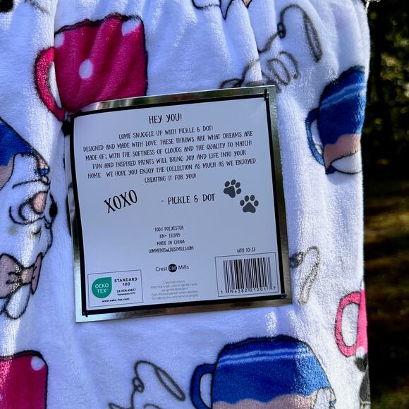 Pickle and Dot Frenchie Dog Coffee Lovers Mugs White Throw Blanket 60" x 70" NEW - Picture 4 of 10